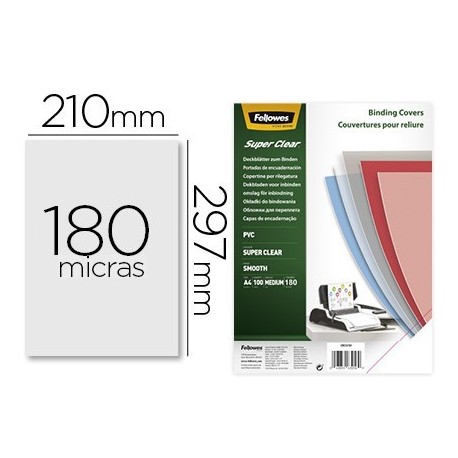 Tapa de encuadernacion Fellowes A4 PVC transparente cristal 180µ. 100u.