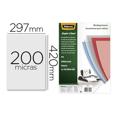 Tapa de encuadernacion Fellowes A3 PVC transparente cristal 200µ. 100u.