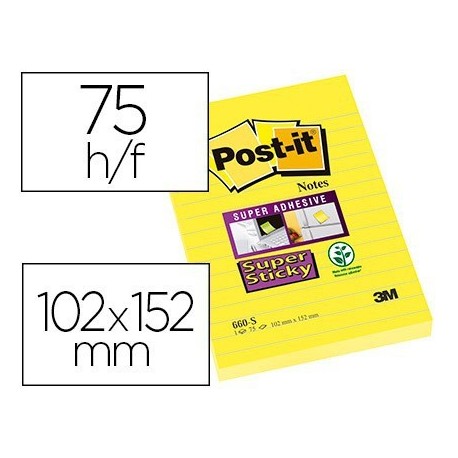 Post-it super sticky groc 102x152 pack 6 blocs ratllat