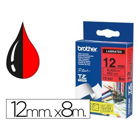 Cinta Brother tz/tze 12mm. X8m. Negre/vermell laminada. tze-431