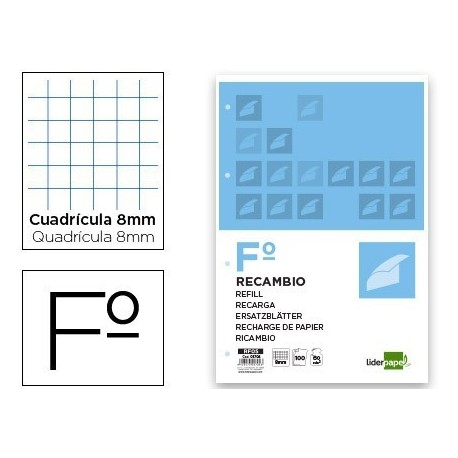 Recanvi Liderpapel foli 100 fulls quadre 8 mm 4 forats marge