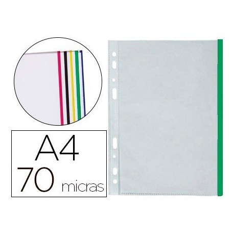 Funda multitaladro A4 70µ. PP cristal borde verde 10u.